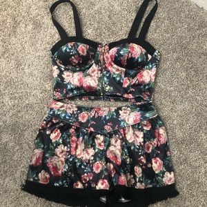 2 Piece Floral Velvet Bralette Lounge Shorts